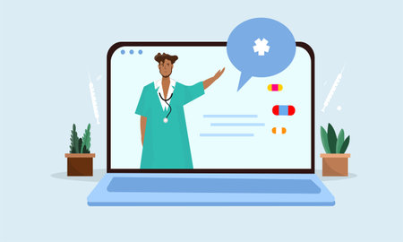 Online medical consultation concept. Doctor talking with patient via video call on laptop. Vector illustrationのイラスト素材