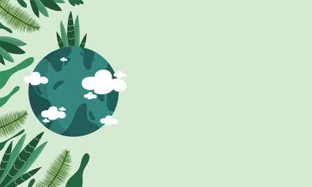 Illustration of a green tropical background with palm leaves and a planetのイラスト素材