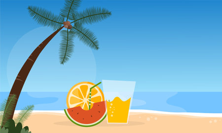 Vector illustration of a tropical beach with a glass of juice and a lemonのイラスト素材