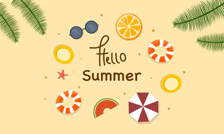 summer illustration vector day for summer time background and summer vibes, tropical beach backgroundのイラスト素材