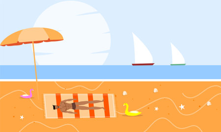 summer illustration vector day for summer time background and summer vibes, tropical beach backgroundのイラスト素材
