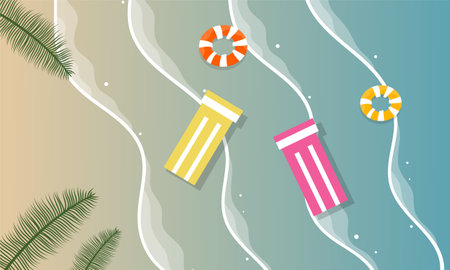 Vector illustration of a beach with palm trees and lifebuoy.のイラスト素材