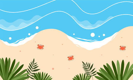 Beach with sand, waves and crabs. Flat vector illustration.のイラスト素材