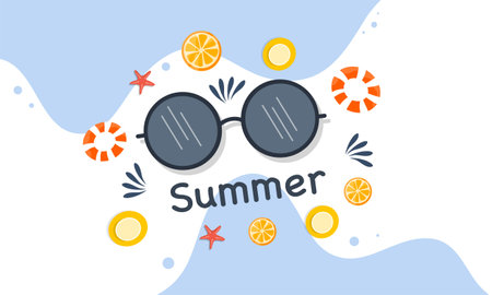 summer illustration vector day for summer time background and summer vibes, tropical beach backgroundのイラスト素材