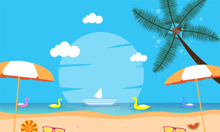 summer illustration vector day for summer time background and summer vibes, tropical beach backgroundのイラスト素材