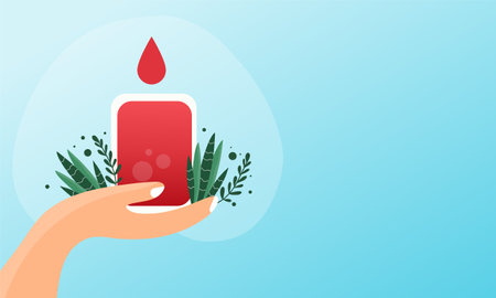 Hand holding a red wax candle with green leaves. Vector illustration.のイラスト素材