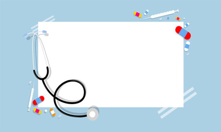 Stethoscope and pills on a blue background. Vector illustration.のイラスト素材