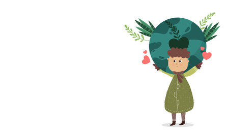 Cute little girl with a globe and plants. Vector illustration.のイラスト素材