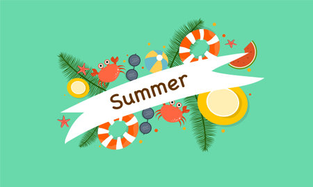 summer illustration vector day for summer time background and summer vibes, tropical beach backgroundのイラスト素材