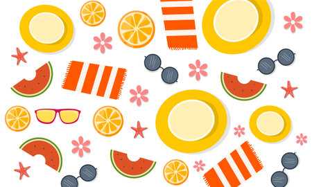 illustration of summer holiday background with orange, lemon, watermelon and sunglassesのイラスト素材