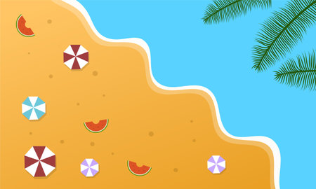 Summer beach background with palm leaves and watermelon. Vector illustration.のイラスト素材