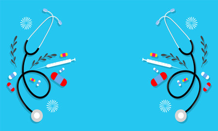 Stethoscope and pills on a blue background. Vector illustration.のイラスト素材