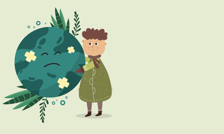 Illustration of a Little Boy Surrounded by Plants and Foliageのイラスト素材