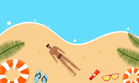 summer illustration vector day for summer time background and summer vibes, tropical beach backgroundのイラスト素材