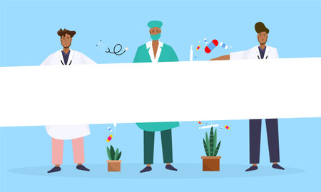 Vector illustration of a group of doctors and nurses holding a blank banner.のイラスト素材