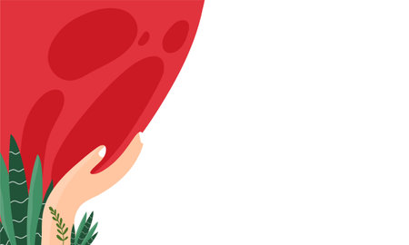 Human hands holding a red sheet of paper. Vector illustration in flat style.のイラスト素材