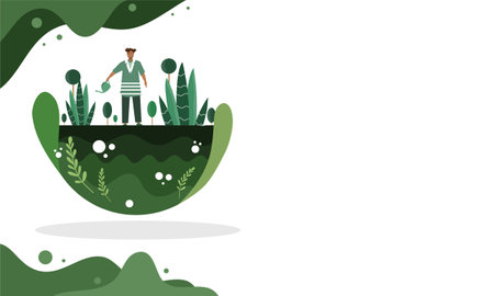 Vector illustration of a man standing in a green field, surrounded by plants and flowers.のイラスト素材