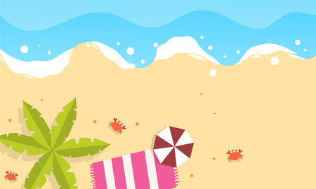 Beach with palm tree and seashells. Vector illustration.のイラスト素材