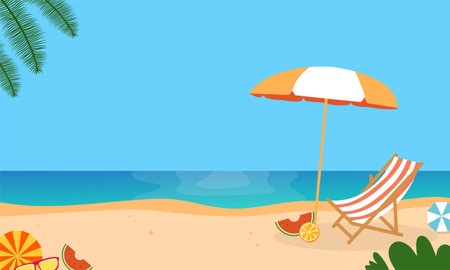 Beach chair and umbrella on the sand. Vector illustration in flat styleのイラスト素材