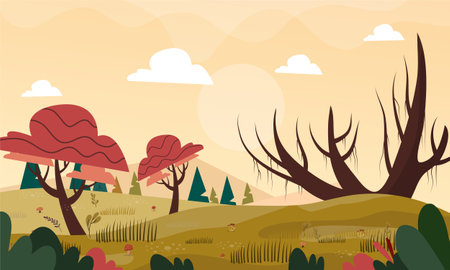 Autumn landscape with trees and grass. Vector illustration. Flat style.のイラスト素材