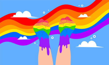 Vector illustration of two hands with paint on the background of the rainbowのイラスト素材