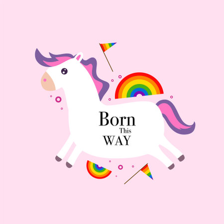 Cute cartoon unicorn with rainbow on pink background. Vector illustration.のイラスト素材
