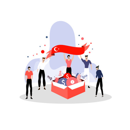 People holding a red banner. Successful teamwork concept. Vector illustrationのイラスト素材