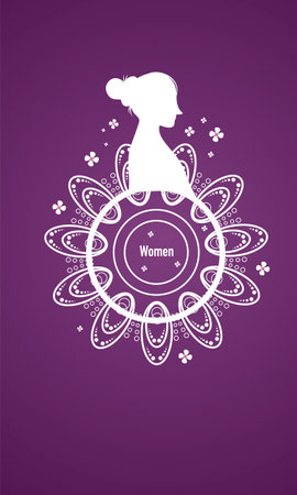 Cute girl silhouette with floral ornament on purple background. Vector illustration.のイラスト素材