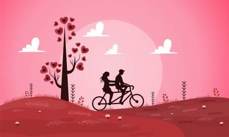 Valentines day background with couple in love on bicycle, vector illustrationのイラスト素材