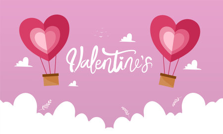 Valentine's day greeting card with heart shaped hot air balloons in the cloudsのイラスト素材