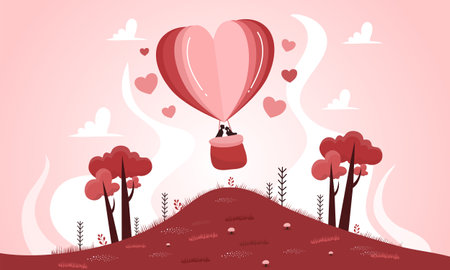Vector illustration of hot air balloon in the shape of heart flying over the forest.のイラスト素材