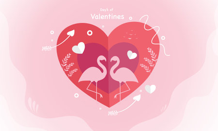 Valentines day greeting card with hearts and flamingos. Vector illustrationのイラスト素材