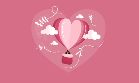 Valentine's day vector illustration with heart shaped hot air balloonのイラスト素材