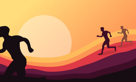 Vector illustration of running people silhouettes on sunset background with copy spaceのイラスト素材