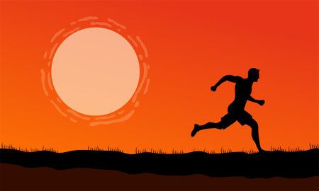 Man running on the hill at sunset. Vector illustration. Eps 10.のイラスト素材