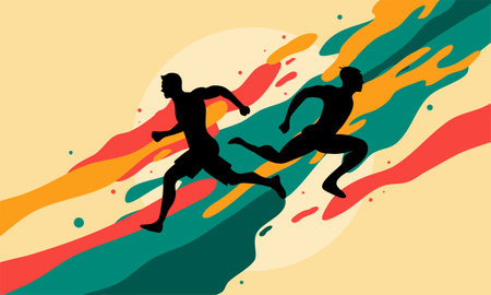 Running men silhouettes on abstract colorful background. Sport vector illustration.のイラスト素材