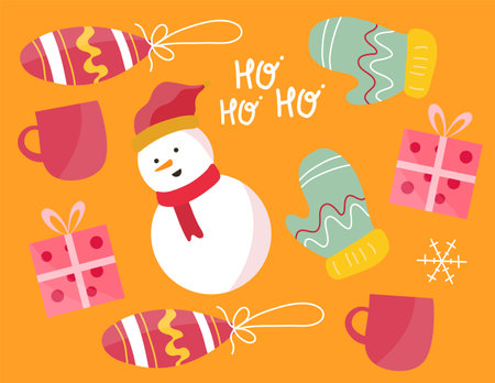Christmas and New Year greeting card with snowman, cup, gift boxes, snowflakes and lettering. Vector illustration.のイラスト素材