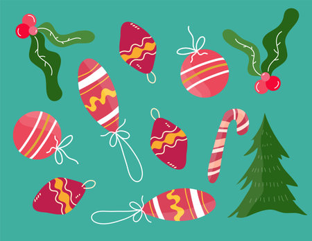 Set of Christmas tree, candy canes, holly berry, lollipop. Vector illustrationのイラスト素材