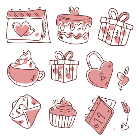 Set of doodle valentine's day icons. Vector illustrationのイラスト素材
