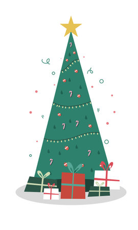 Christmas tree with gifts and confetti. Vector illustration in flat styleのイラスト素材