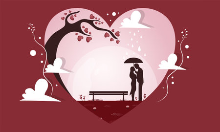 Romantic couple in love under umbrella in the park. Vector illustrationのイラスト素材