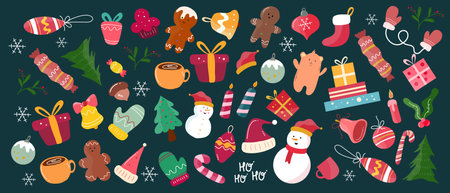 Set of cute Christmas elements on a dark background. Vector illustration.のイラスト素材