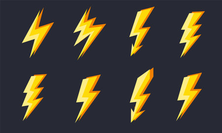 Lightning icon set. Vector illustration in flat style. Isolated on dark background.のイラスト素材