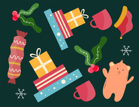 Cute Christmas and New Year elements set. Hand drawn vector illustration.のイラスト素材