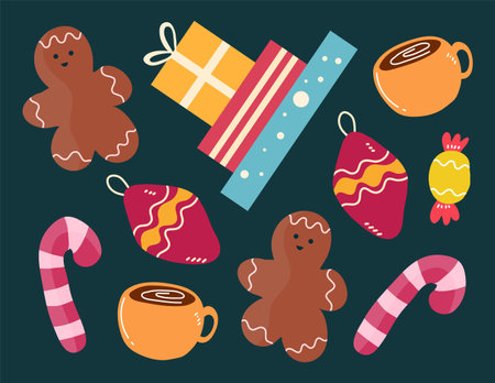 Cute Christmas and New Year collection with gingerbread, candy cane, cup of hot chocolate, gingerbread cookies, gingerbread man. Vector illustration.のイラスト素材