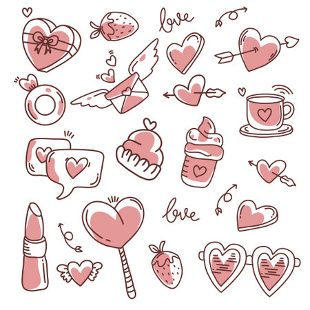 Set of hand drawn doodle valentine icons. Vector illustrationのイラスト素材
