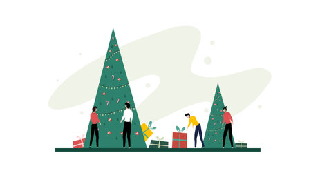 People decorating christmas tree. Vector illustration in flat style.のイラスト素材