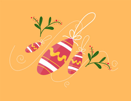 Easter eggs with floral ornament on orange background. Vector illustration.のイラスト素材