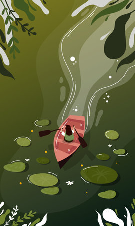 Fisherman in a boat on the river. Vector illustration.のイラスト素材