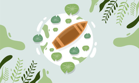 Vector illustration of a wooden boat in the sea with green leaves.のイラスト素材